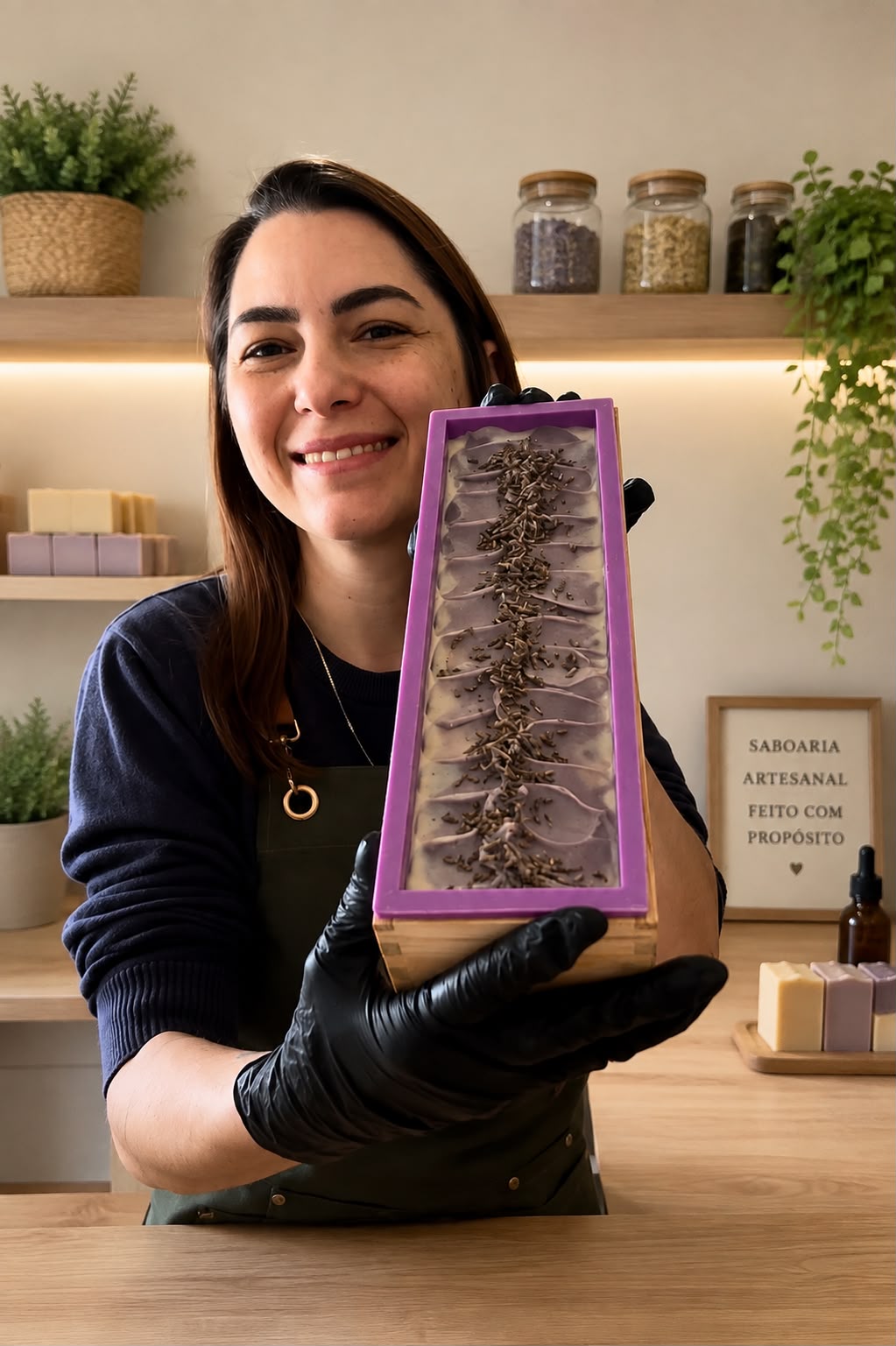 Camila Braga segurando um sabonete artesanal